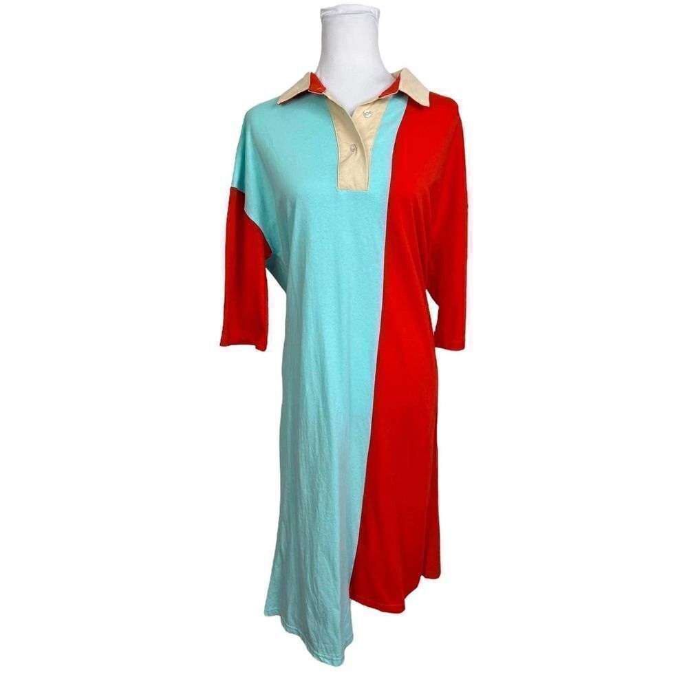 Momo New York Shirt Dress Maxi‎ Color Block Red Blue Asymmetrical Hem OS